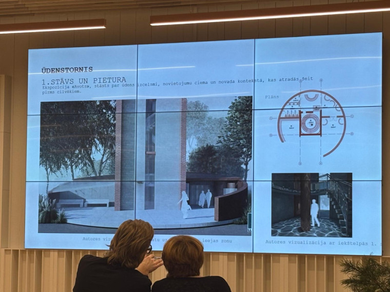 FOTO. Studenti Ogrē prezentē savas vīzijas, ko darīt ar Lēdmanes ūdenstorni