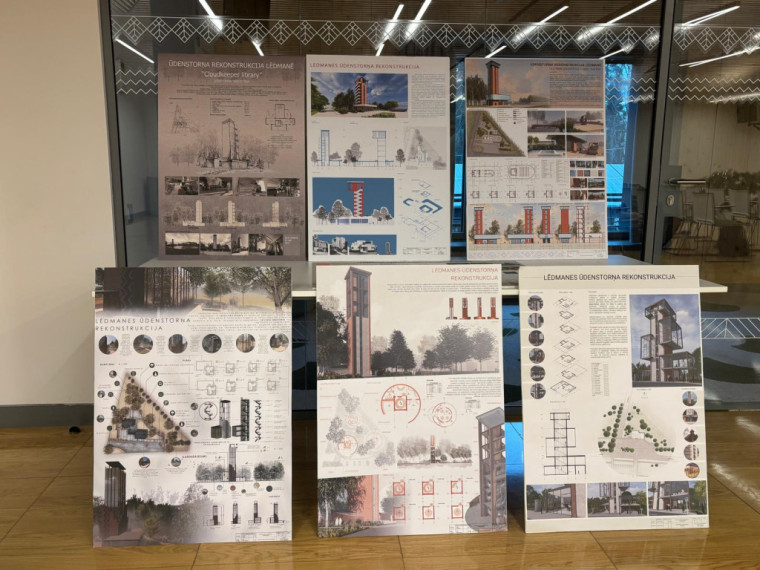 FOTO. Studenti Ogrē prezentē savas vīzijas, ko darīt ar Lēdmanes ūdenstorni