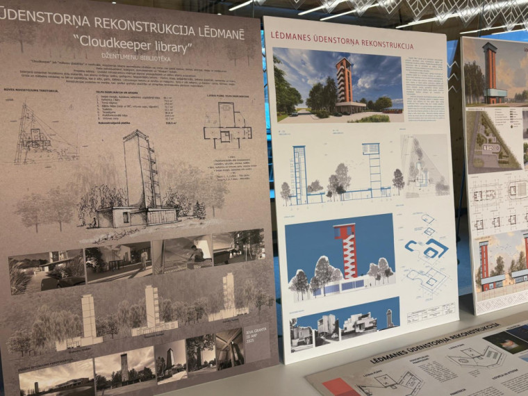 FOTO. Studenti Ogrē prezentē savas vīzijas, ko darīt ar Lēdmanes ūdenstorni