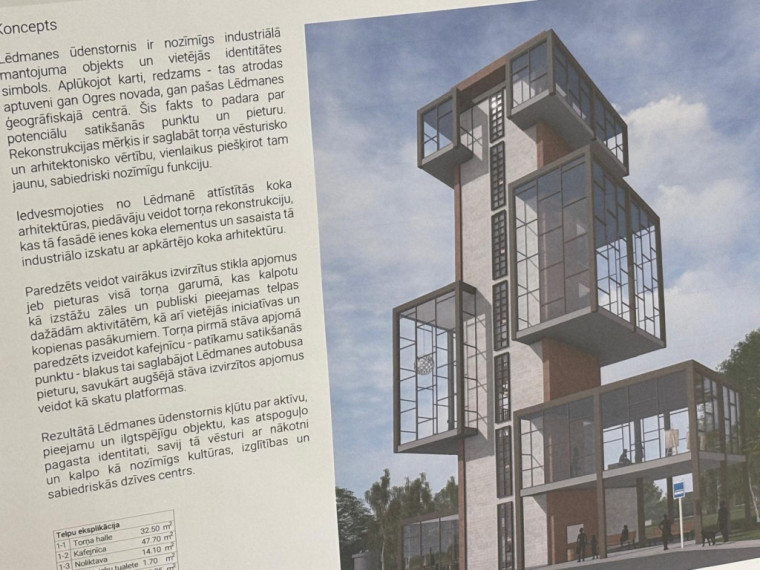 FOTO. Studenti Ogrē prezentē savas vīzijas, ko darīt ar Lēdmanes ūdenstorni