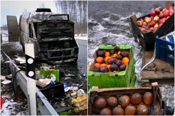 Attēls rakstam: Ogres novadā uz šosejas uzliesmo pārtikas piegādes busiņš