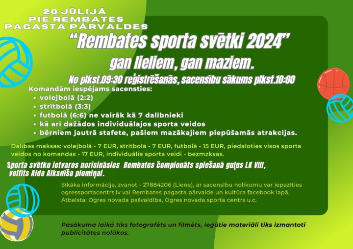 20.jūlijā norisināsies Rembates sporta svētki 2024