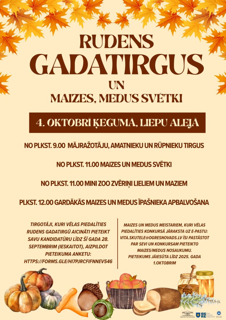 Iespēja piedalīties rudens gadatirgū un medus, maizes svētkos Ķegumā 4. oktobrī