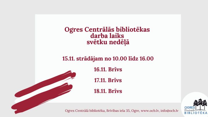 Ogres Centrālās bibliotēkai mainīts darba laiks svētkos