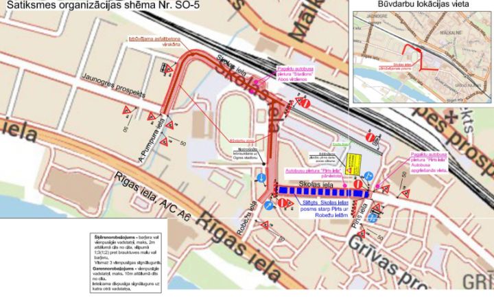 Satiksmes organizācijas izmaiņas Skolas ielā uz asfaltbetona seguma izbūves laiku