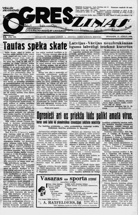 Iz pagājības. Ogres Ziņas, Nr. 13 (17.06.1939)
