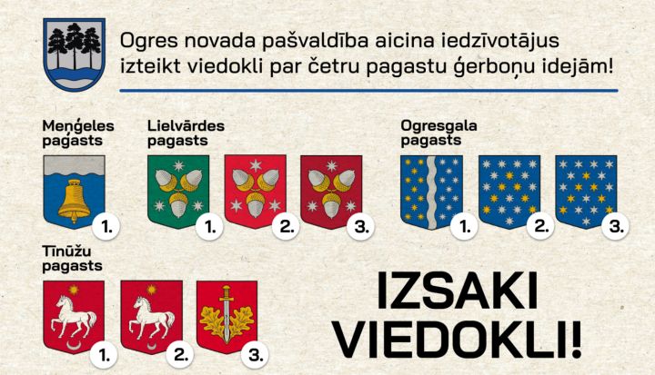 Kuru ģērboni izvēlētos Tu? Iesūti viedokli par Ogresgala, Tīnūžu, Lielvārdes un Meņģeles pagastu ģērboņiem