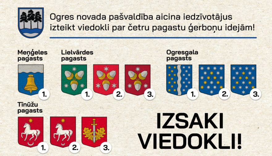Kuru ģērboni izvēlētos Tu? Iesūti viedokli par Ogresgala, Tīnūžu, Lielvārdes un Meņģeles pagastu ģērboņiem