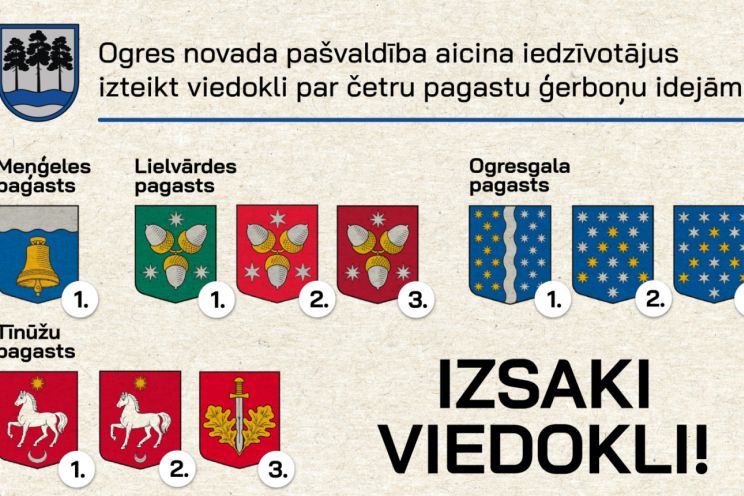 Attēls rakstam: Kuru ģērboni izvēlētos Tu? Iesūti viedokli par Ogresgala, Tīnūžu, Lielvārdes un Meņģeles pagastu ģērboņiem