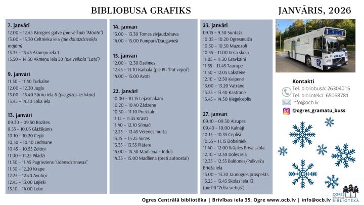Janvārī bibliobuss dosies divos maršrutos Ogres pilsētā un sešos - Ogres novadā 