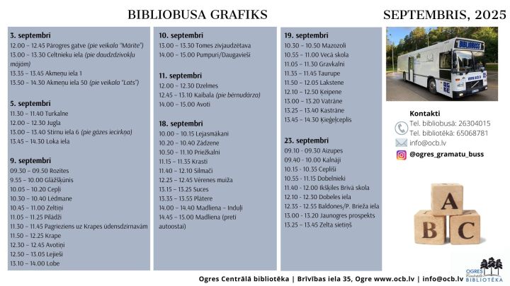 Septembrī Ogres Centrālās bibliotēkas bibliobuss dosies 8 maršrutos