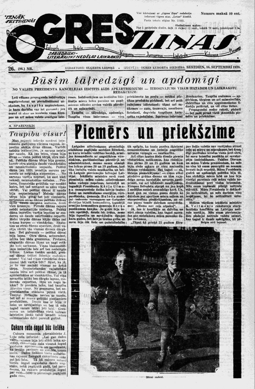 Iz pagājības. Avīze nr. 26 (16.09.1939.)