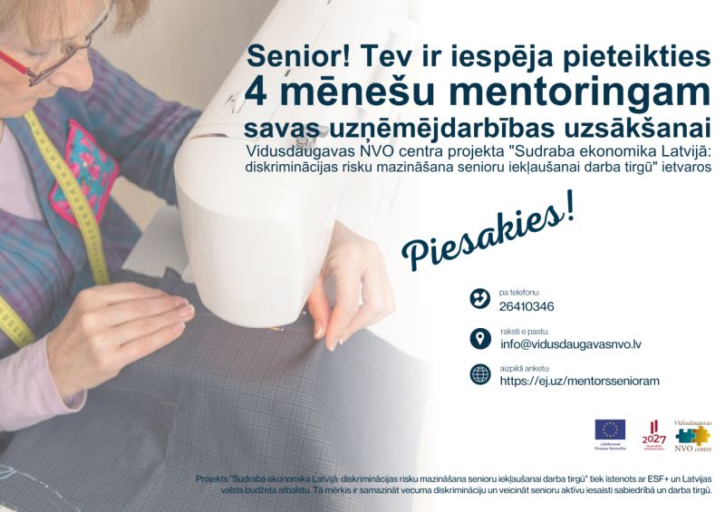 Iespēja senioriem piedalīties bezmaksas mentoringa programmā uzņēmējdarbības uzsākšanai un attīstīšanai