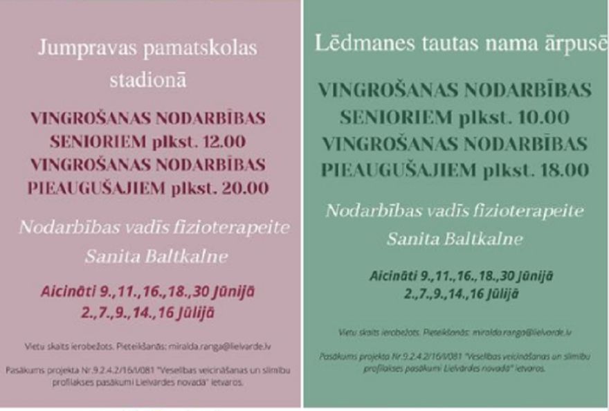 Aicina uz bezmaksas vingrošanas nodarbībām Jumpravā un Lēdmanē