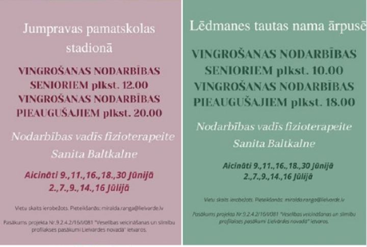 Aicina uz bezmaksas vingrošanas nodarbībām Jumpravā un Lēdmanē