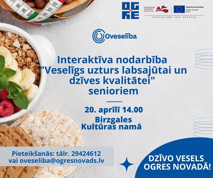Aicina uz interaktīvu nodarbību "Veselīgs uzturs labsajūtai un dzīves kvalitātei"