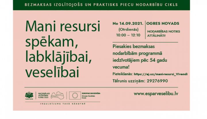 Bezmaksas apmācību programma fiziskās un psihoemocionālās veselības stiprināšanai iedzīvotājiem vecumā no 54 gadiem