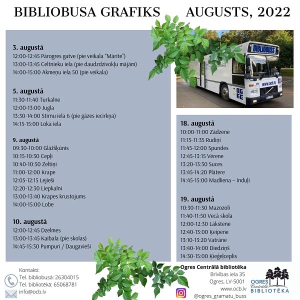 Bibliobusa grafiks AUGUSTĀ