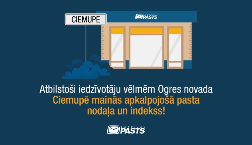 Ciemupes iedzīvotājus apkalpo Ogres 1.pasta nodaļa, Brīvības ielā un pasta indekss ir LV-5001