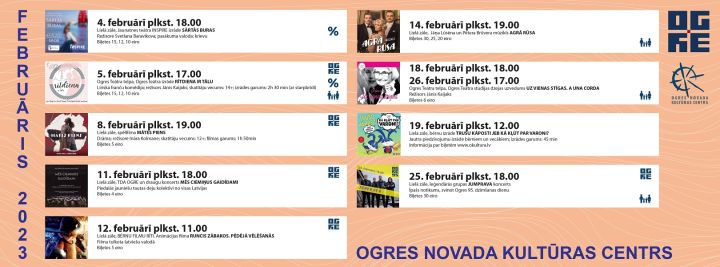 Februārī Ogres novada Kultūras centrs piedāvā daudzveidīgu pasākumu klāstu