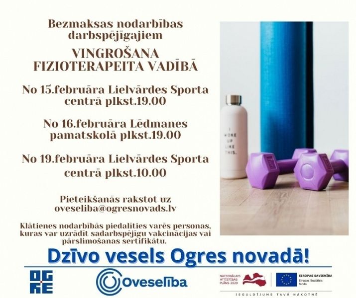 Februārī Oveselība organizē bezmaksas vingrošanas nodarbības darbspējīgajiem