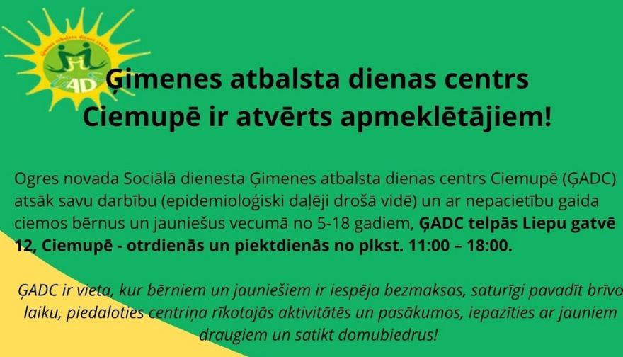 Ģimenes atbalsta dienas centrs Ciemupē ir atvērts apmeklētājiem!