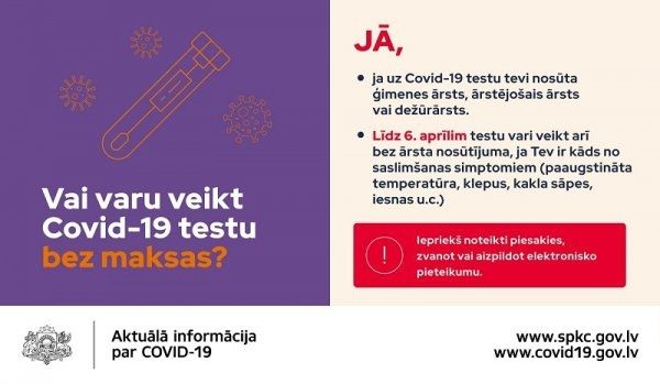 Iedzīvotāji ar simptomiem Covid-19 analīzes bez ārsta nosūtījuma varēs nodot līdz 6.aprīlim