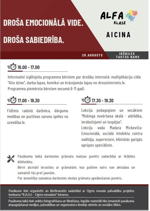 Ikšķilē notiks izglītojošs pasākums "Droša emocionālā vide. Droša sabiedrība"