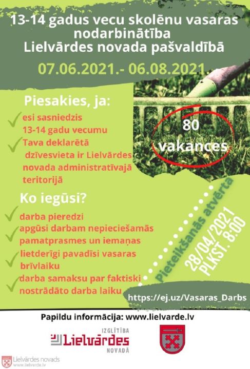 Informācija par skolēnu nodarbinātību Lielvārdes novadā 2021. gada vasarā
