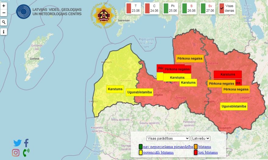 Jāņu naktij un rītam lielā valsts daļā izsludināts sarkanais brīdinājums par stipru pērkona negaisu