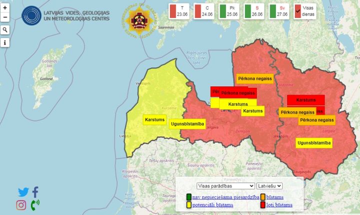 Jāņu naktij un rītam lielā valsts daļā izsludināts sarkanais brīdinājums par stipru pērkona negaisu