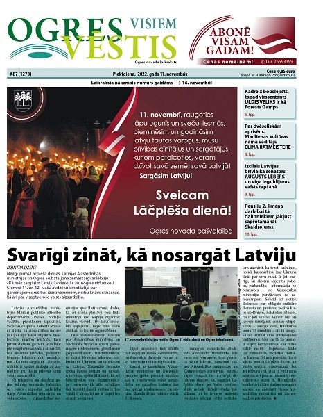 Laikraksta "Ogres Vēstis Visiem" 11. novembra numurā: