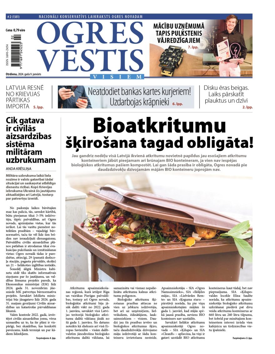 Laikraksta "Ogres Vēstis Visiem" 9. janvāra numurā