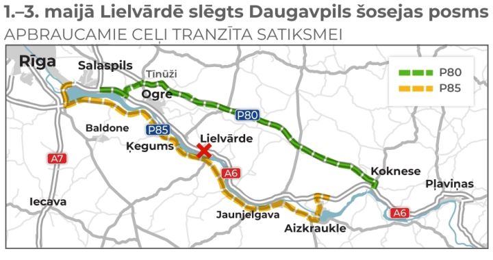 Maija sākumā uz trim dienām slēgs Daugavpils šosejas posmu Lielvārdē
