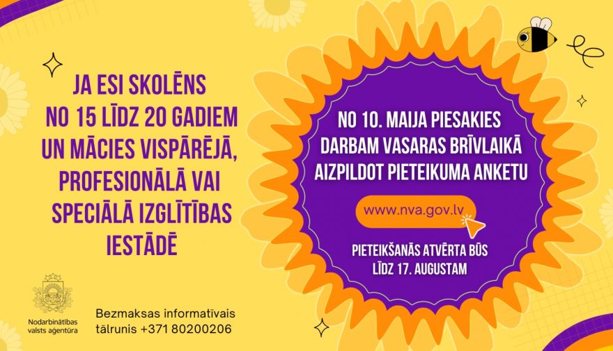 No 10. maija līdz 17. augustam skolēni var reģistrēties dalībai NVA vasaras nodarbinātības pasākumā