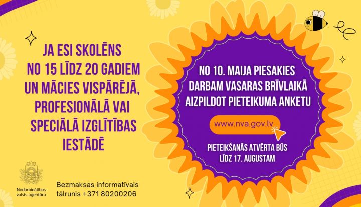 No 10. maija līdz 17. augustam skolēni var reģistrēties dalībai NVA vasaras nodarbinātības pasākumā