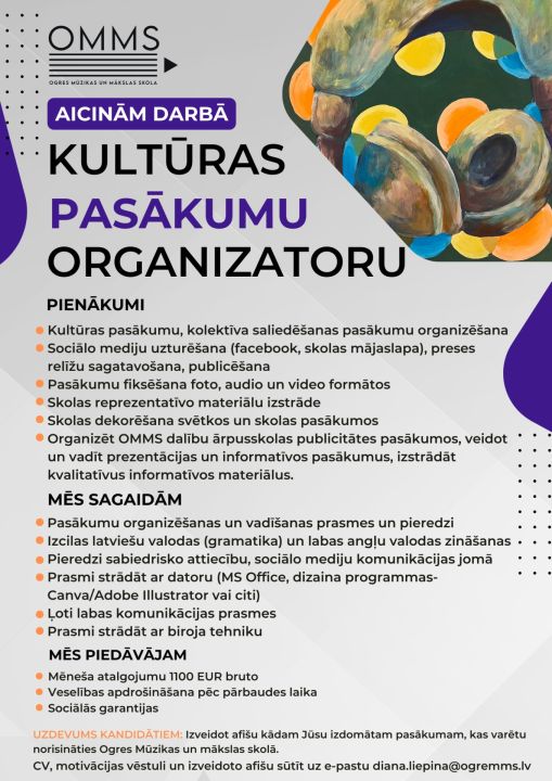 Ogres Mūzikas un mākslas skola meklē kultūras pasākumu organizatoru