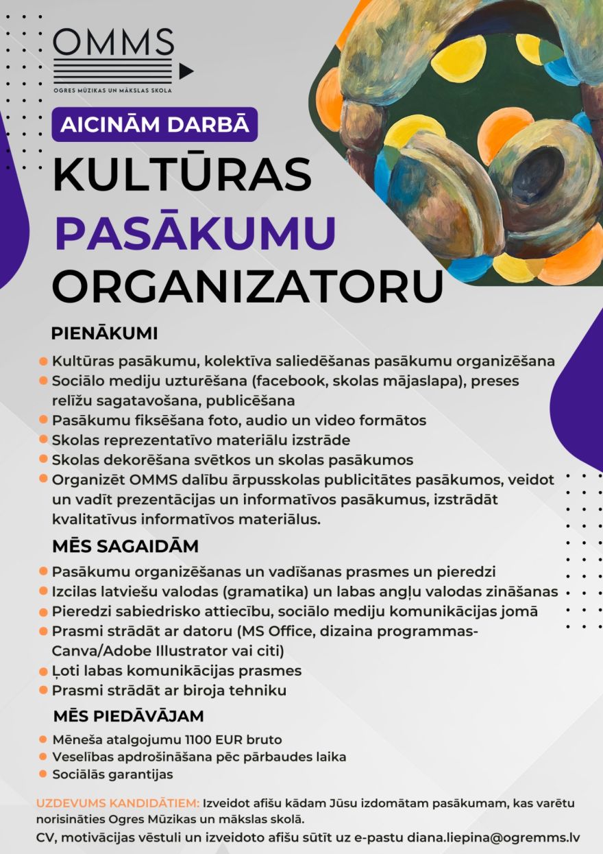 Ogres Mūzikas un mākslas skola meklē kultūras pasākumu organizatoru