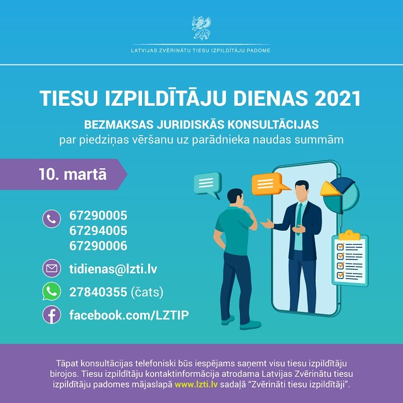 Tiesu izpildītāju dienā bez maksas konsultēs par piedziņas vēršanu uz parādnieka naudas summām