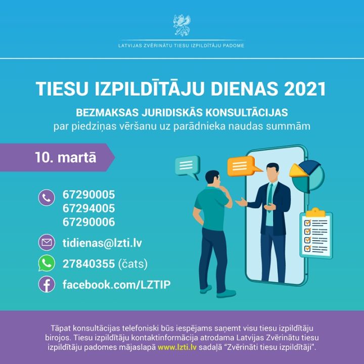 Tiesu izpildītāju dienā bez maksas konsultēs par piedziņas vēršanu uz parādnieka naudas summām