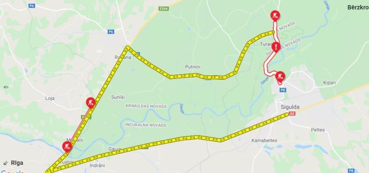Uz nenoteiktu laiku slēgta satiksme uz a/c Inciems–Sigulda–Ķegums (P8) posmā pie Gūtmaņalas