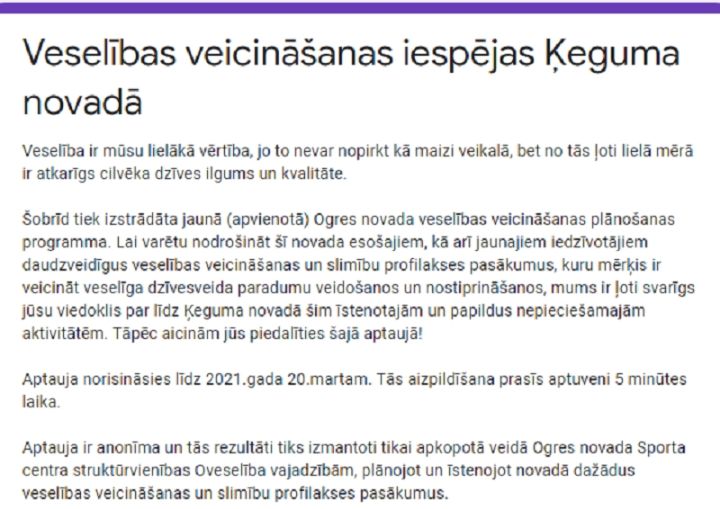 Veselības veicināšanas iespējas Ķeguma novadā