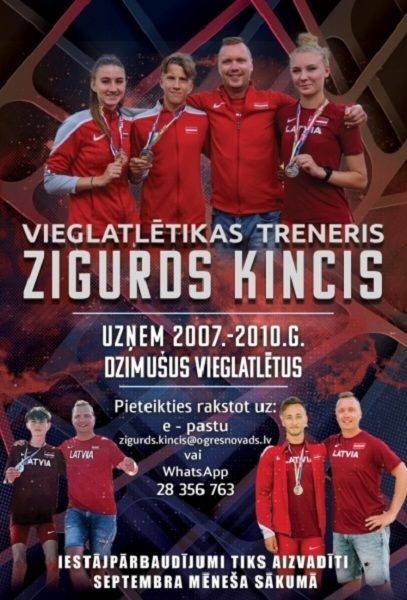 Vieglatlētikas treneris Zigurds Kincis uzņem 2007.-2010.g. dzimušus vieglatlētus