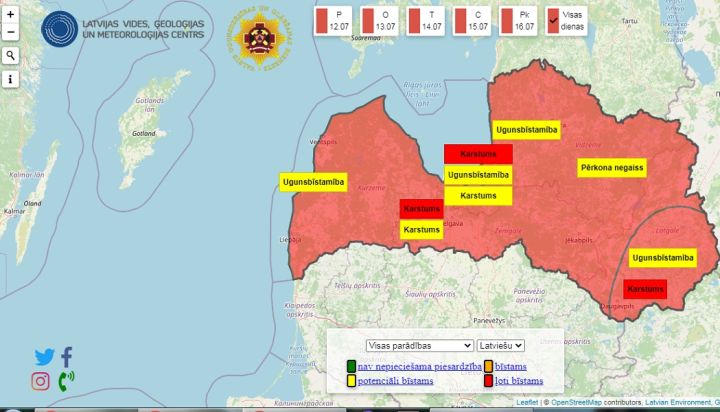 Visā Latvijas teritorijā tiek izsludināts sarkanais brīdinājums par ekstremālu karstumu