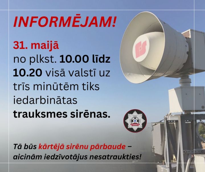 VUGD 31. maijā veiks trauksmes sirēnu pārbaudi