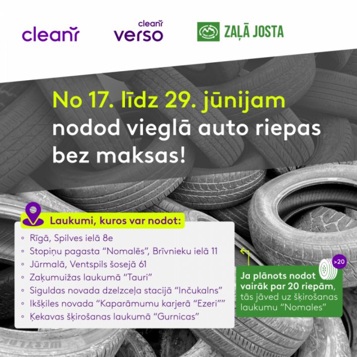 Iedzīvotāji bez maksas var nodot nolietotās vieglo automobiļu riepas