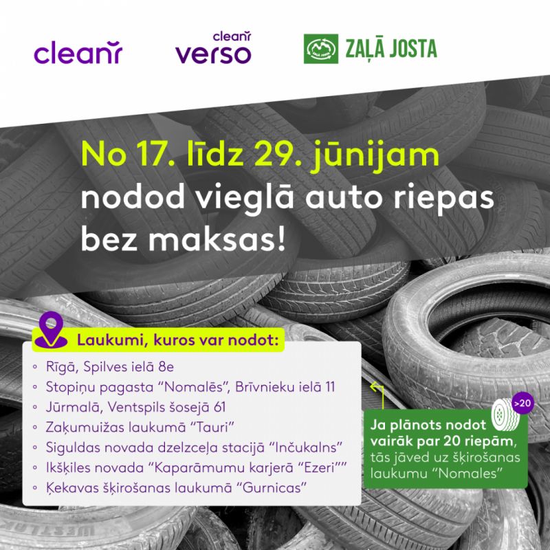 Iedzīvotāji bez maksas var nodot nolietotās vieglo automobiļu riepas