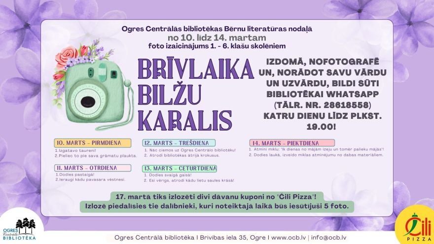 Iespēja piedalīties brīvlaika nedēļas foto konkursā Ogres Centrālajā bibliotēkā 