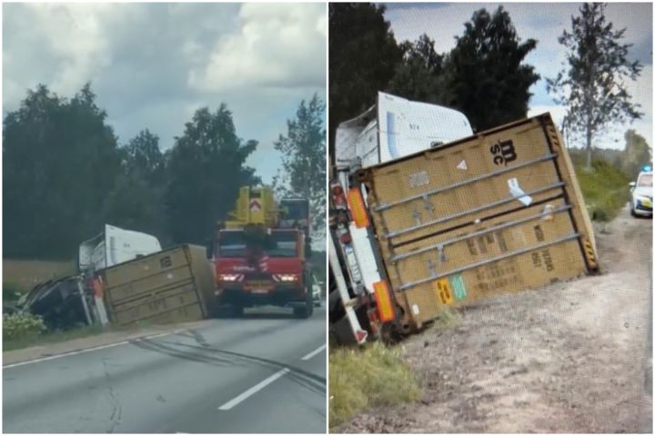 Tīnūžu pusē avarējis kravas auto – tam pēkšņi pārsprāgusi riepa
