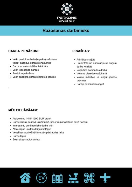 Darba piedāvājums Ogrē: "Perkons energy" ražošanas darbinieks